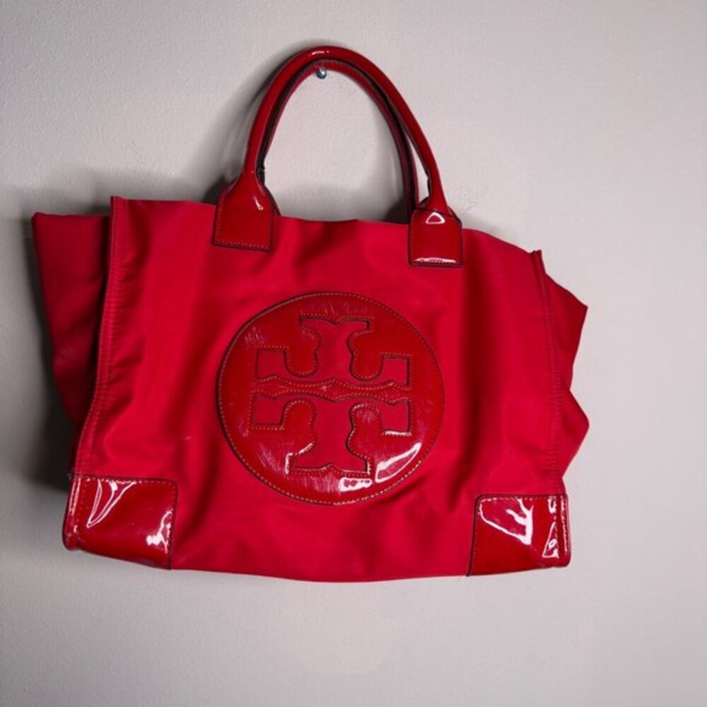 Tory Burch Women Red Nylon Ella Tote Shoulder Bag Patent Leather Trim Logo